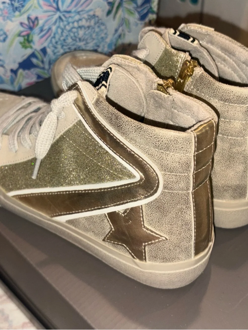 NWT Shu Shop Roxanne Gold Distressed Sneaker Size 8